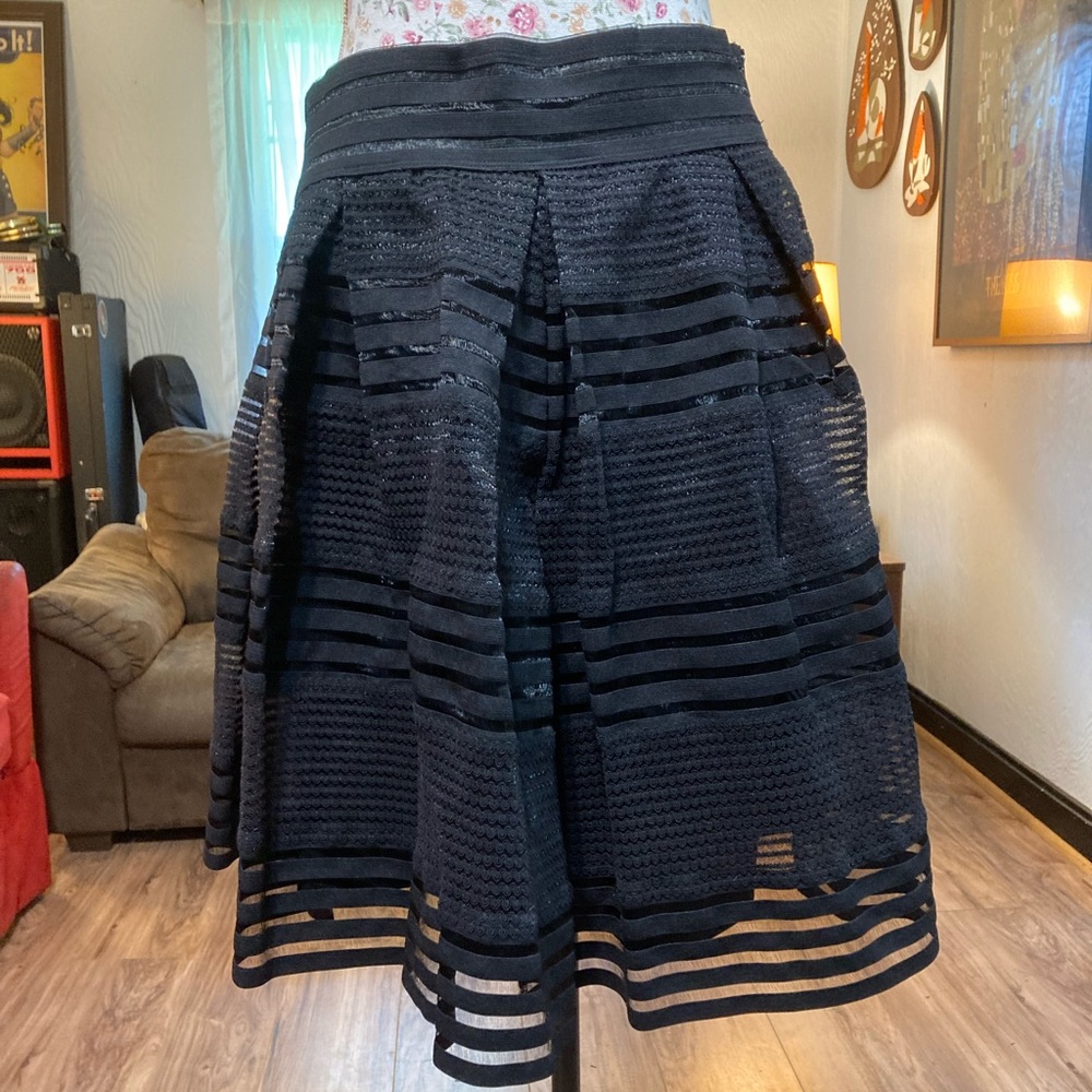 Black cute fun short mini torrid skirt lined w/striped sheer overlay Halloween?? - Picture 2 of 7